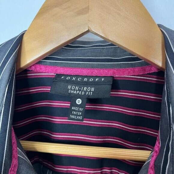 Foxcroft Women's 12 Stripe Non-Iron Shape Fit Long Sleeve Button-Up Shirt Grey - Picture 2 of 12